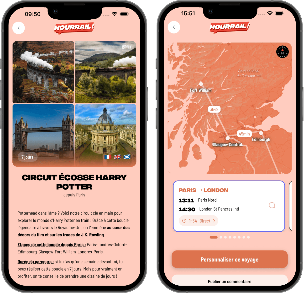 Dans l'app : circuit thématique (Écosse) et carte d'itinéraire éditoriale.