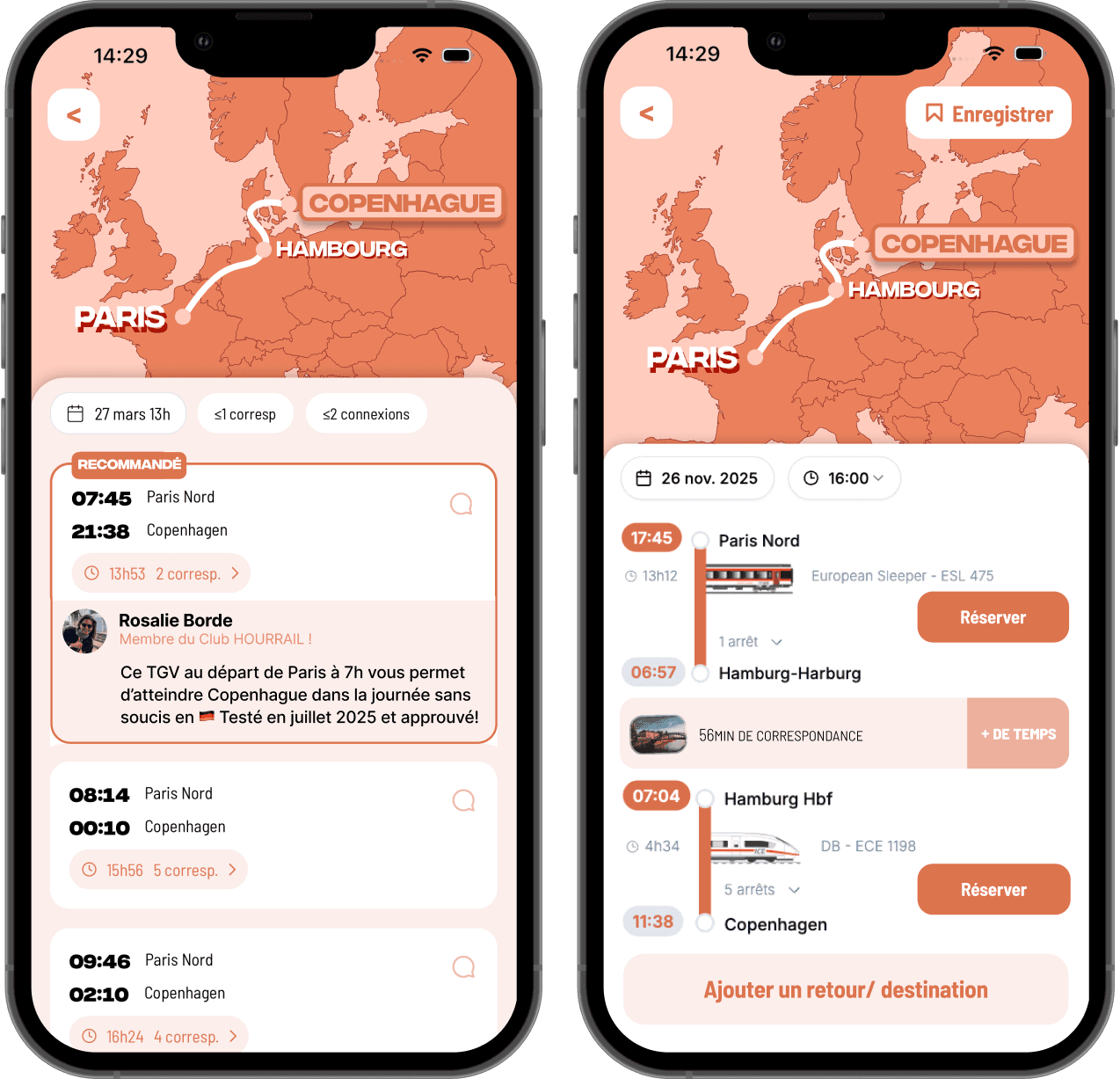 Dans l'app : recherche Paris–Copenhague, options recommandées et détail de trajet avec carte.