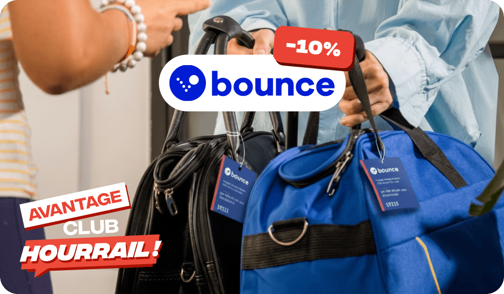 Club HOURRAIL! perk visual: −10 % on Bounce luggage storage.