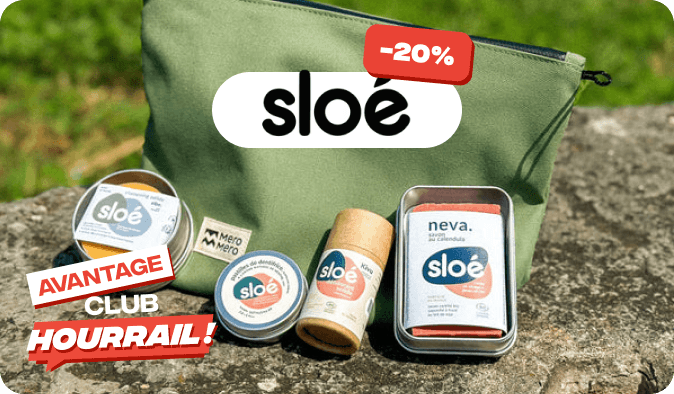 Visuel avantage Club HOURRAIL : -20 % sur les soins nomades Sloe, valable jusqu'au 31 mai.